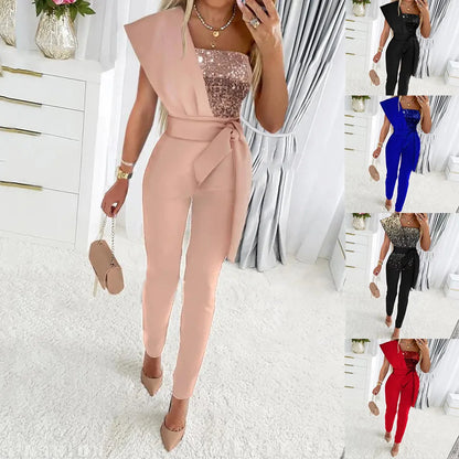 Women Jumpsuits Sleeveless Rompers Overalls Solid One Piece Pencil Pants Slim Belt Slight Strech Spliced Sequins Office Lady.