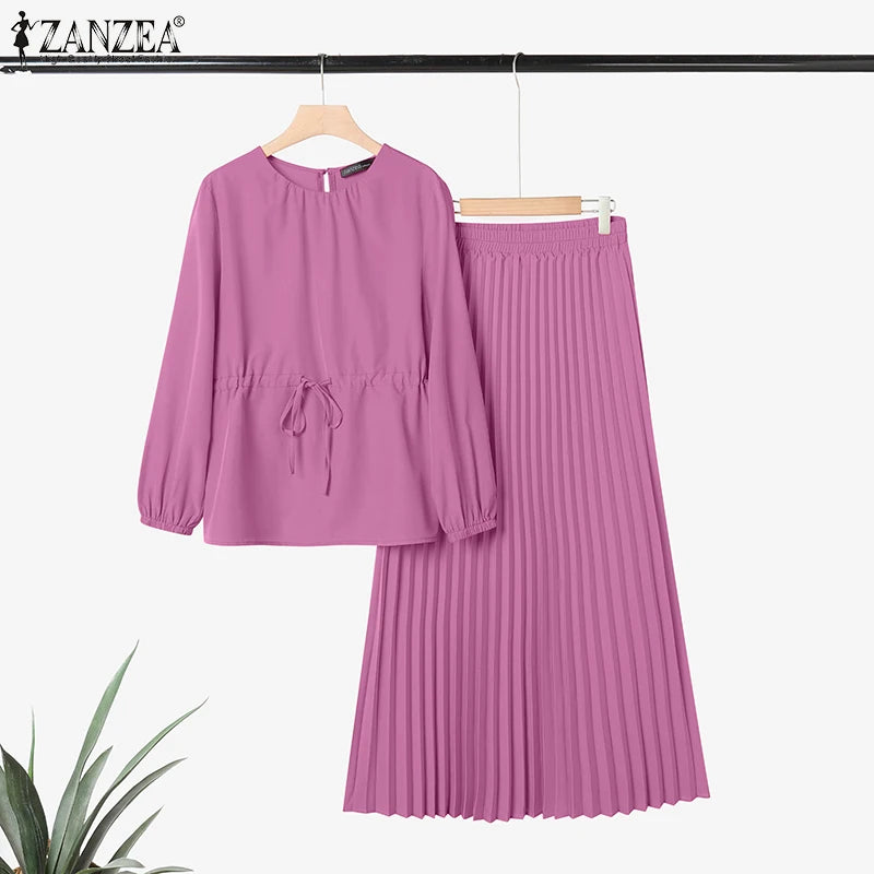 ZANZEA Elegant Women Autumn 2 Piece Sets Muslim Tracksuits Fashion Long Sleeve Tops Pleated Maxi Skirts Suit 2PCS Work Outfits.