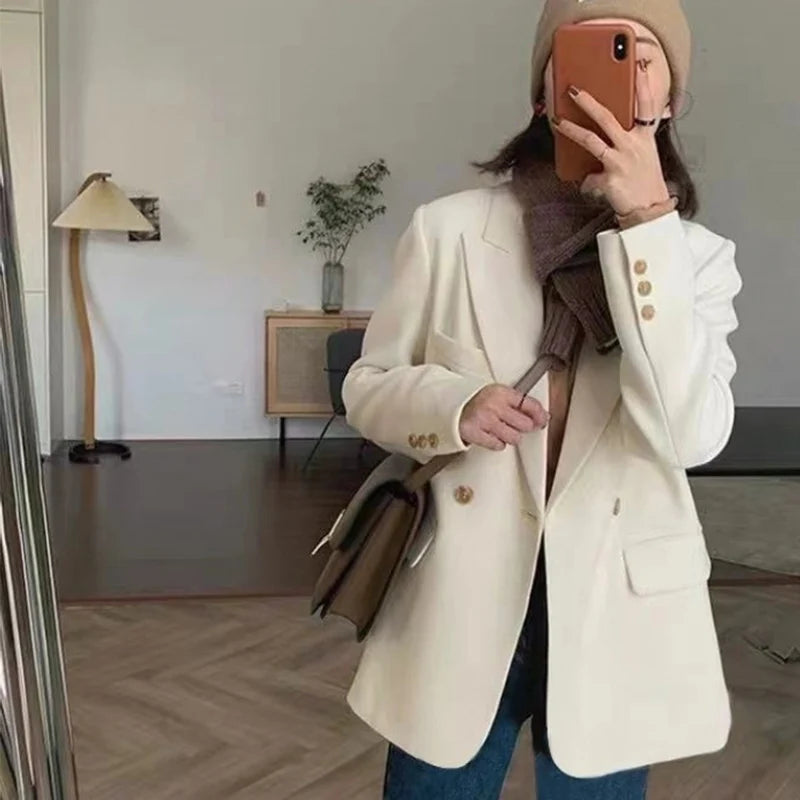 Koreanische Weiß Anzug Mantel Frauen Elegante Langarm Revers Blazer für Frau Herbst Winter Einzigen Taste Einfarbig Business Jacke.