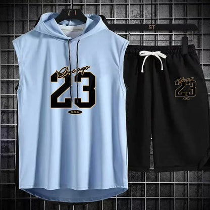 The 2025 new breathable model Men's summer sports suit printed loose breathable short sleeve + jogging shorts suit.