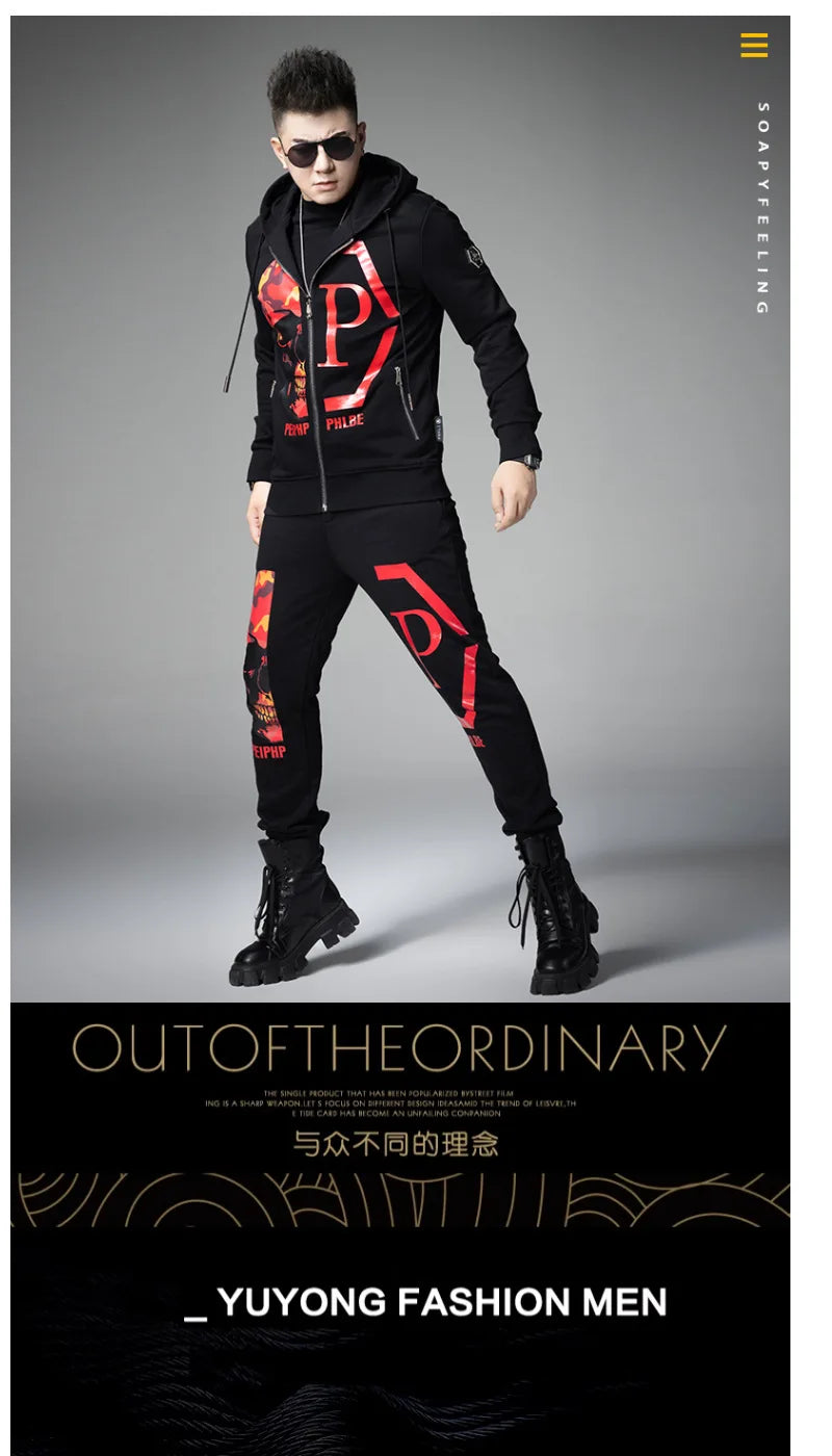 2024 Mens Two Piece Sets Fashion Streetwear Casual Winter Suits Skull Pattern Hooded Black Tracksuit Men Clothes Ropa De Hombre.