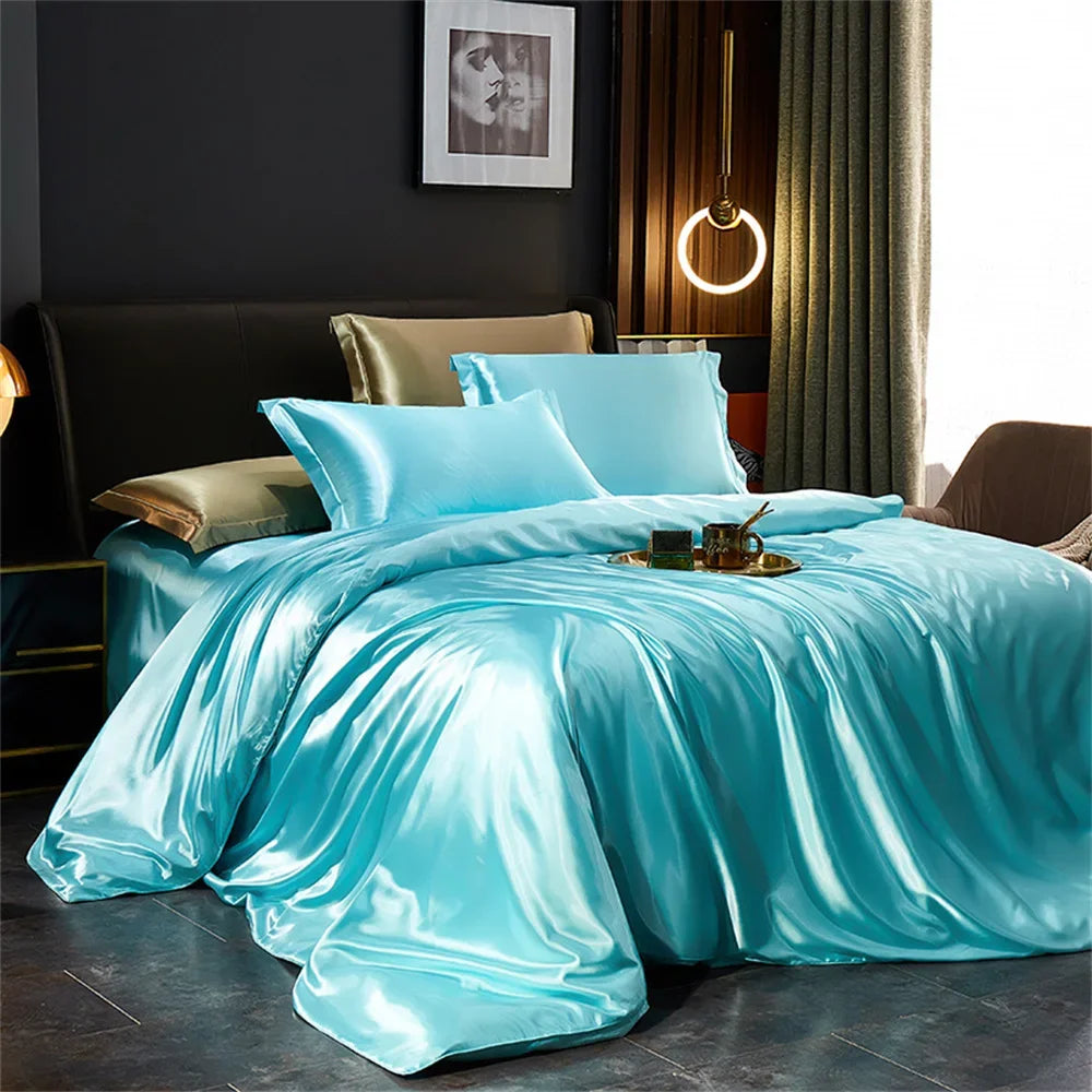 Solid Silk Bedding Set with Duvet Cover Bed Sheet Pillowcases Luxury Satin Single Double Bedsheet King Queen Twin Size.