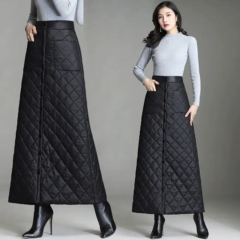 Women Winter Skirt Windproof Warm Down Cotton Skirt High Waist Quilted Cotton Padded Skirts Office Lady Elegant Skirt.