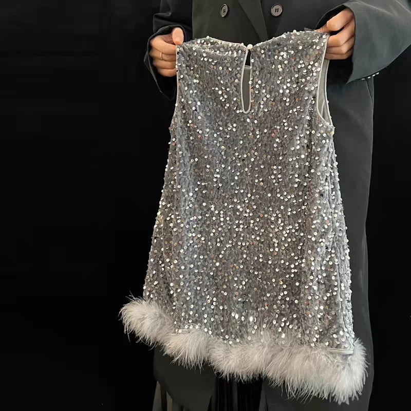 Pailletten Mädchen Prinzessin Kleid Grau Rundhals Ärmellose Feder Weste Kleid Kinder Geburtstag Party Kleid Performance Kleid.