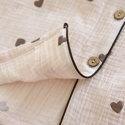 2025 neue Frühjahr/Sommer frauen Pyjama Set 100% Baumwolle Crepe Nette Liebe Langarm Lange Hosen Zwei Stück set Strickjacke Hause Kleidung.