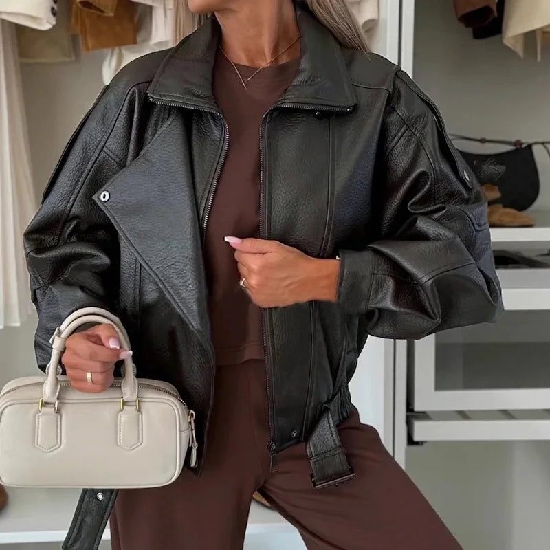 Mode Straße Einfarbig Oberbekleidung Kleidung Vintage Büro Lange Ärmeln Frauen Jacke Neue 2025, Herbst Revers Zipper Leder Mantel.