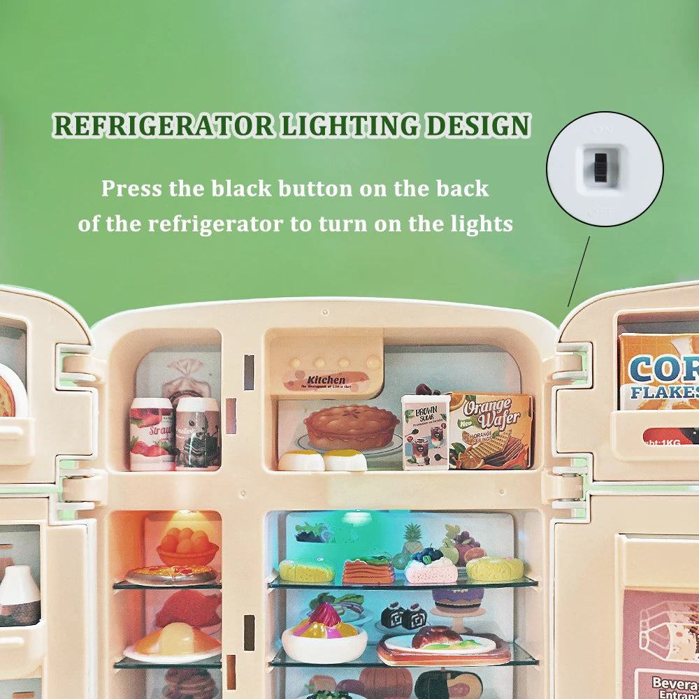 Miniature Mini Food Cooking Set Real Oven Realistic Meals Kids Kitchen Set Double Door Refrigerator With Music And Lights Play.