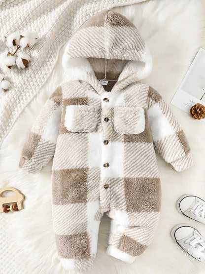 Baby-Strampler für Jungen und Mädchen, kariert, mit Kapuze, langärmelig, Plüsch-Overall, Winter, warmer Body, Kleidung für Kleinkinder im Alter von 3–24 Monaten
