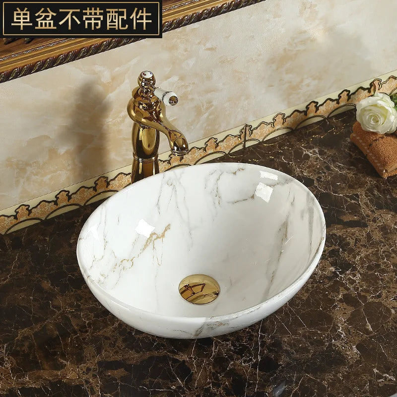 Heißer Verkauf Indischer Luxus-Stil Badezimmer Marmor Arbeitsplatte Keramik Handgefertigtes Waschbecken Installiertes ovales Kunstwaschbecken über der Arbeitsplatte