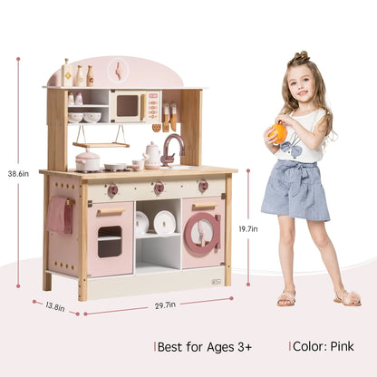 Robotime Robud Wooden Kitchen for Kids Play Kitchen with Plenty of Play Features Toddler Kitchen Set Gift for Girls Boys 3+