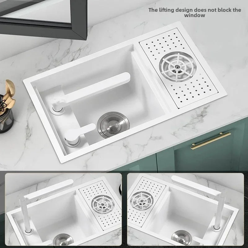 55 cm x 32 cm weißes, verstecktes Küchenspülbecken-Set, zusammenklappbares Wasserhahn-Abflussrohr, einklappbares Unterbauwaschbecken, kleines Waschbecken aus Edelstahl