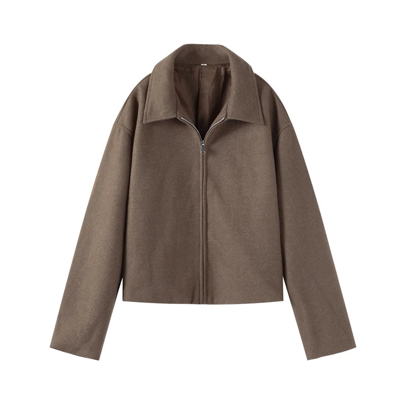 Mode Braun Zipper Woolen Jacke Für Frauen Elegante Revers Langarm Kurze Mäntel Weibliche Vintage Herbst Dame Straße Oberbekleidung.