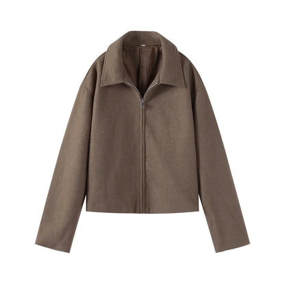 Mode Braun Zipper Woolen Jacke Für Frauen Elegante Revers Langarm Kurze Mäntel Weibliche Vintage Herbst Dame Straße Oberbekleidung.