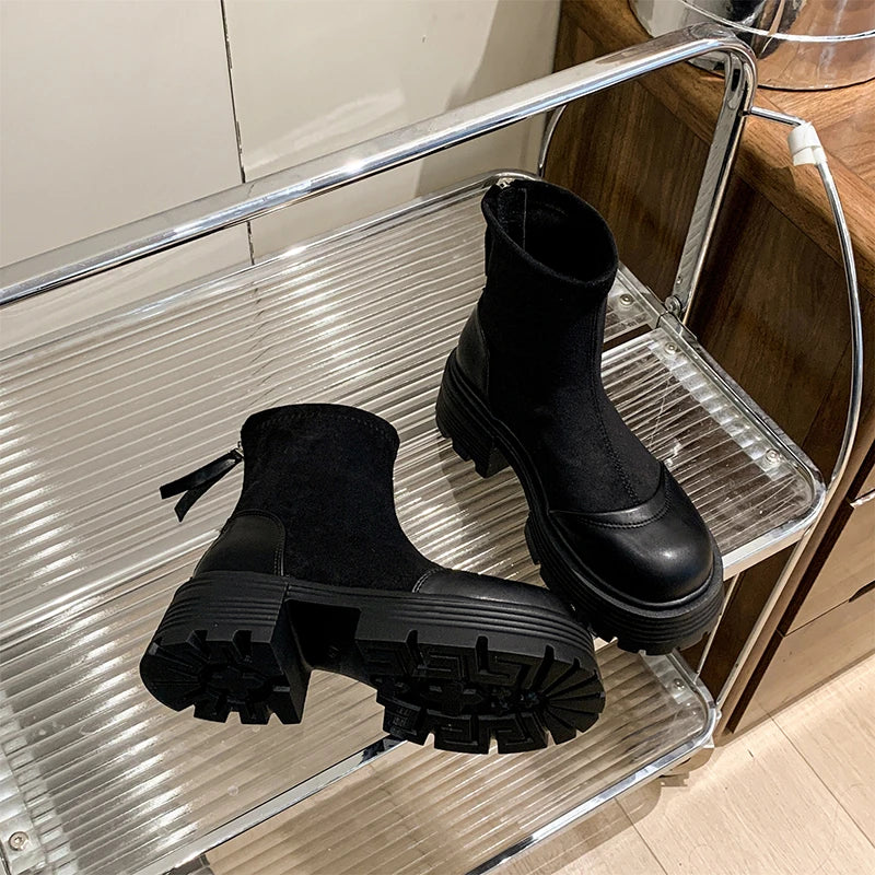 Vintage Platform Splicing Woman Ankle Boots Design Back Zippers Thick Sole Shoes  2025 Autumn Winter Short Botas Para Mujer.