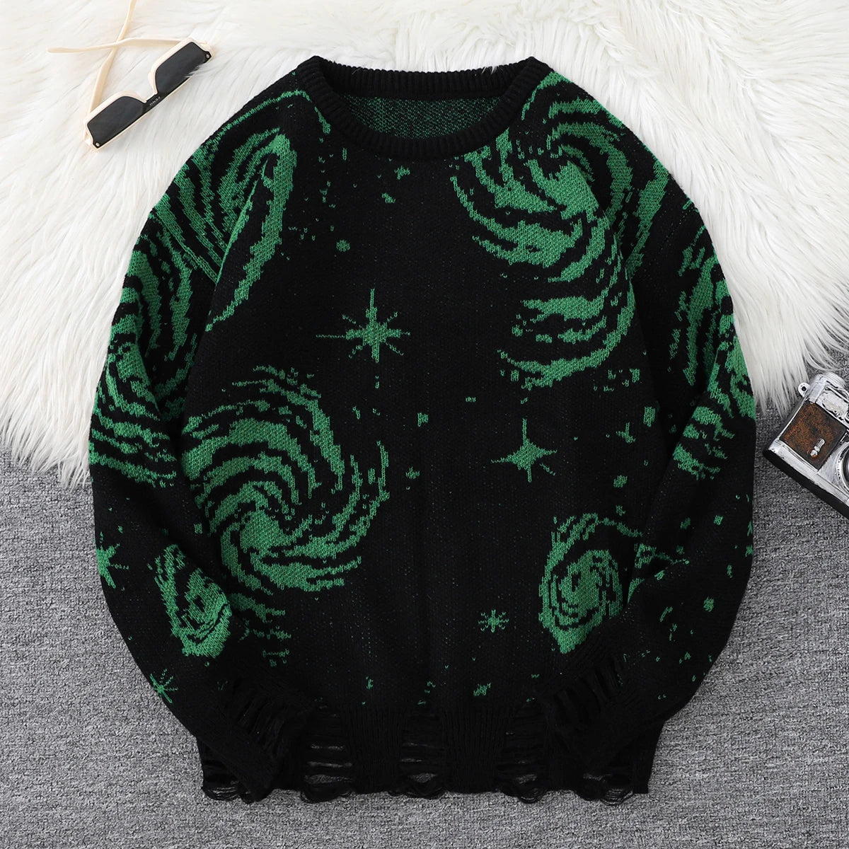 New Popular Street Ripped Abstract Starry Sky Pattern Pullover Ripped Sweater Casual Round Neck Knitted Men's Pullover