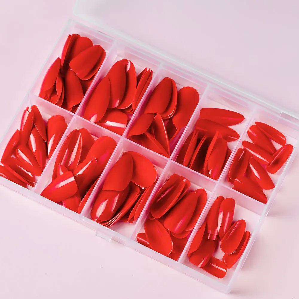 120pcs/box Red White Glossy Acrylic Medium Almond False Nails Solid Color Press-On Nails 12 Sizes Almond Artificial Fake Nails.