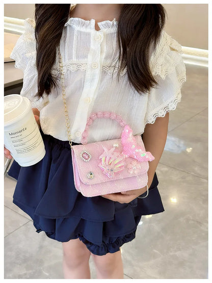 Lovely Sequin Girls Square Shoulder Bag Fish Tail Starfish Princess Crossbody Bags Bead Handle Children's Small Handbags Purse.