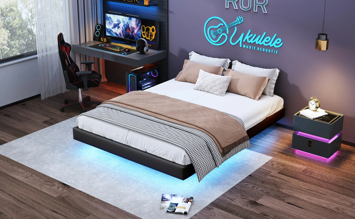 Anajqaqia Hängebettrahmen, 160 x 200 cm, schwarz, mit LED-Lichtleiste und Aufbewahrung der Gasdruckstange