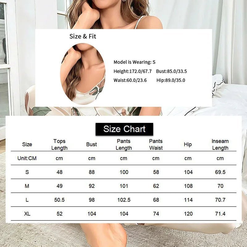 Elegantes Damen-Pyjama-Set aus Satin mit Blattmuster, V-Ausschnitt, Cami-Oberteil und elastische Hose für bequemen Schlaf und Faulenzen.