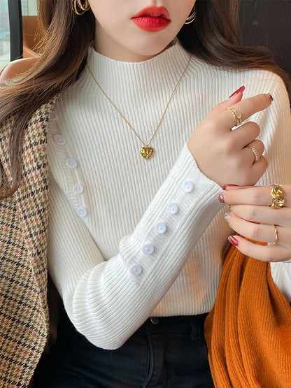 Langarm Beiläufige Dünne Pullover Mode Taste Grundlegende Gestrickte Tops Frauen Rollkragenpullover Koreanische Mode Einfache Chic Kleidung