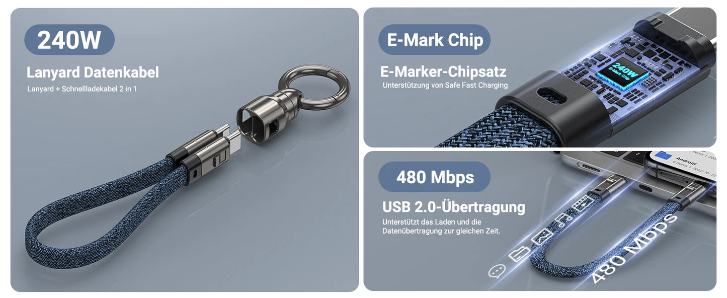 AUFU PD240W USB-C to USB-C Super Fast Charge Data Cable Zinc Alloy Head Lanyard 2 in 1 Phone Lanyard Charge Cable For IPhone SUM.