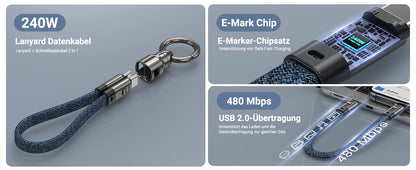 AUFU PD240W USB-C to USB-C Super Fast Charge Data Cable Zinc Alloy Head Lanyard 2 in 1 Phone Lanyard Charge Cable For IPhone SUM.