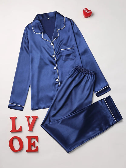 Solides Pyjama-Set mit langen Ärmeln, Knopfleiste, Revers, Oberteil und Hose, Pyjama-Set, Damen-Nachtwäsche und Loungewear