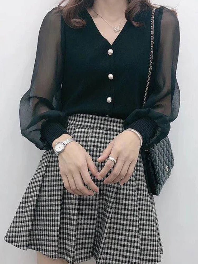 clothe Women's Spring Autumn Style Chiffon Blouses Shirt Women's Knitted Button Long Sleeve Solid Color Lace Patchwork Tops.