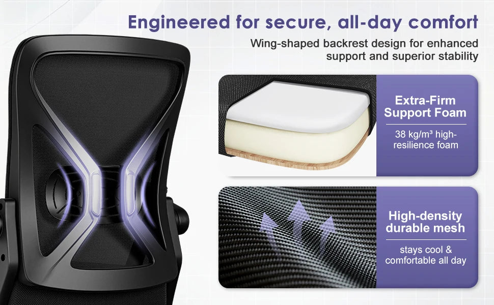 AUTHMIC Ergonomischer Bürostuhl mit Netzrücken, Lordosenstütze, hochklappbare Armlehnen, höhenverstellbar, für die Arbeit im Home-Office-Schreibtisch