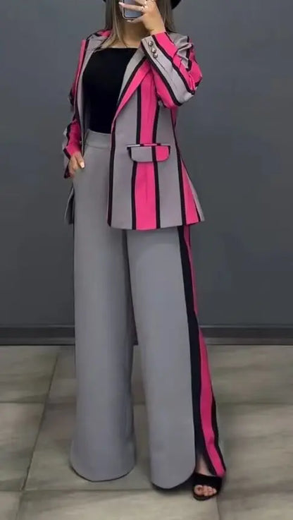 Women Striped Print Suits+pants Two Piece Sets Autumn Winter Casual Wide Leg Pants Sets Office Ladies Elegant Coats Outfits.
