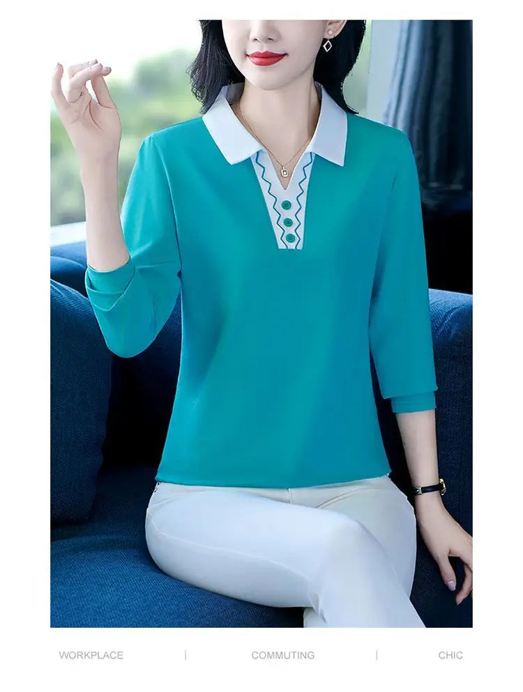 2025 Autumn New Women Clothes Office Lady Simplicity Patchwork Polo-Neck Top Tee Ladies Fashion Loose Buttons Long Sleeve Shirts