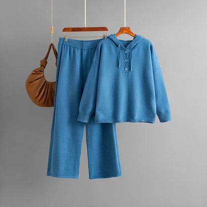 Autumn Winter 2025 New Fashion Women's Solid Color Casual Trendy Loose Knitted 2 Piece Sets Hooded Sweatshirts Wide Leg Trousers.
