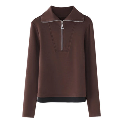 Fake two long sleeved T-shirts for women in autumn and winter, new fashionable plus size color blocked warm zipper lapel top.