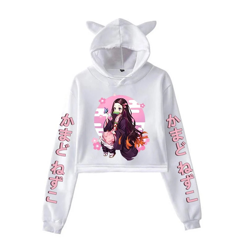 New Anime Kamado Nezuko Printing Cat Ear Hoodies Women Girls Fashion Streetwear Hoodies Sweatshirts Crop Top Pullover.
