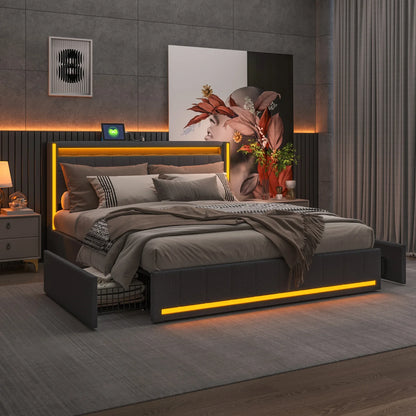 Lazyspace Leinen-Polsterbett mit 4 Schubladen, moderner Doppelbettrahmen mit LED-Beleuchtung und USB-Ladeanschluss, funktionelles Bett