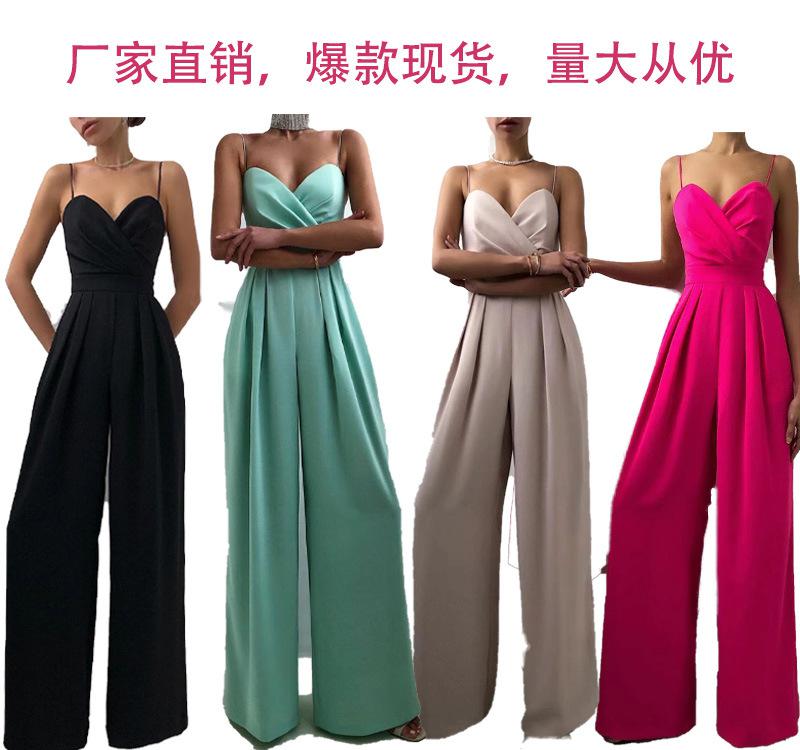 Women's Spaghetti Straps V Neck Jumpsuit Sleeveless High Waist Wide Leg Long Pants Solid Casual Loose Rompers Outfit Overall.