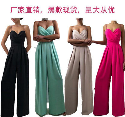 Women's Spaghetti Straps V Neck Jumpsuit Sleeveless High Waist Wide Leg Long Pants Solid Casual Loose Rompers Outfit Overall.