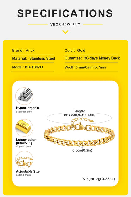 Vnox 6mm Flat Cuban Chain Bracelets for Women Girls, Macrame Edge Curb Links Bracelet,Gold Plated Stainless Steel with K18 Stamp.