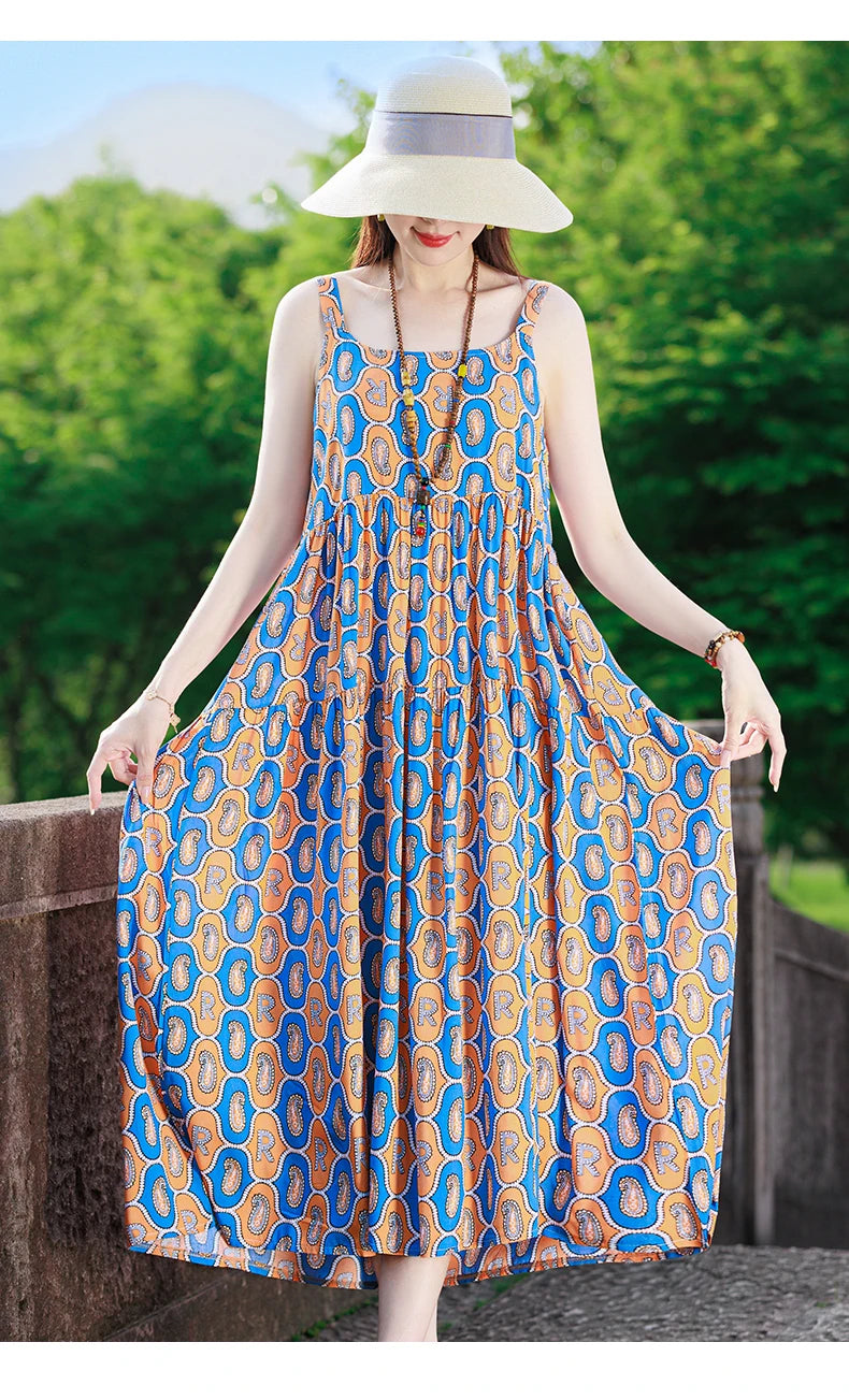 Neue Mode Lässig 2025, Sommer Elegante Kleider Für Frauen Oansatz Druck Vintage Ärmelloses Kleid Lose Frauen Kleidung.