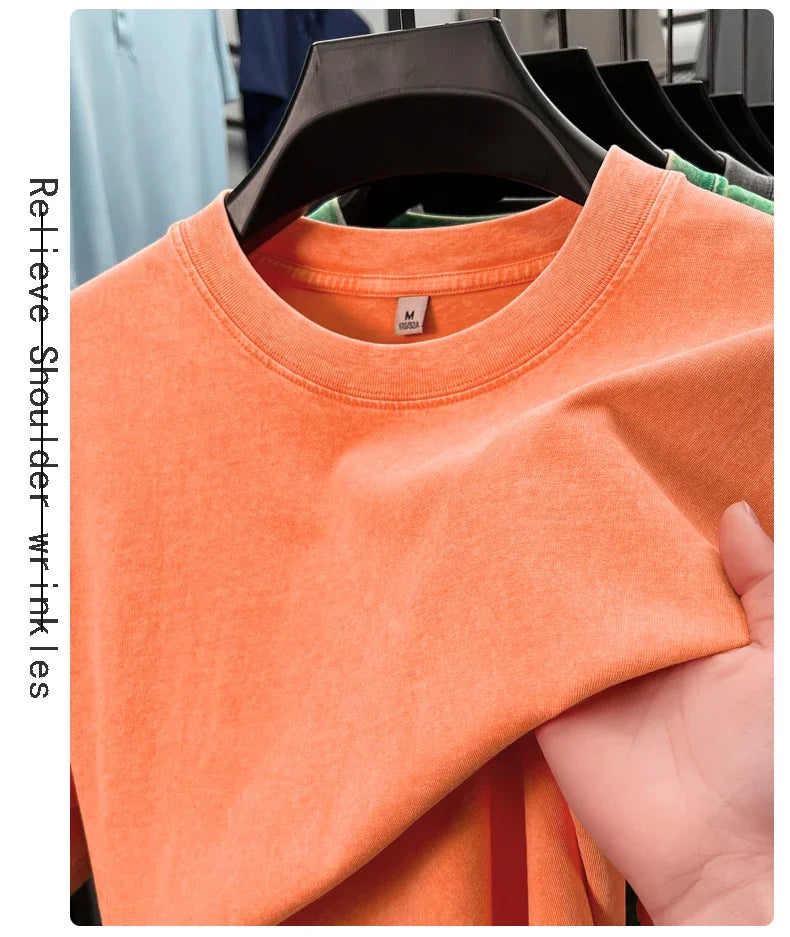 Personality washed vintage short sleeve T-shirt high-end 100% pure cotton men fashion round neck comfort lightweight casual top.