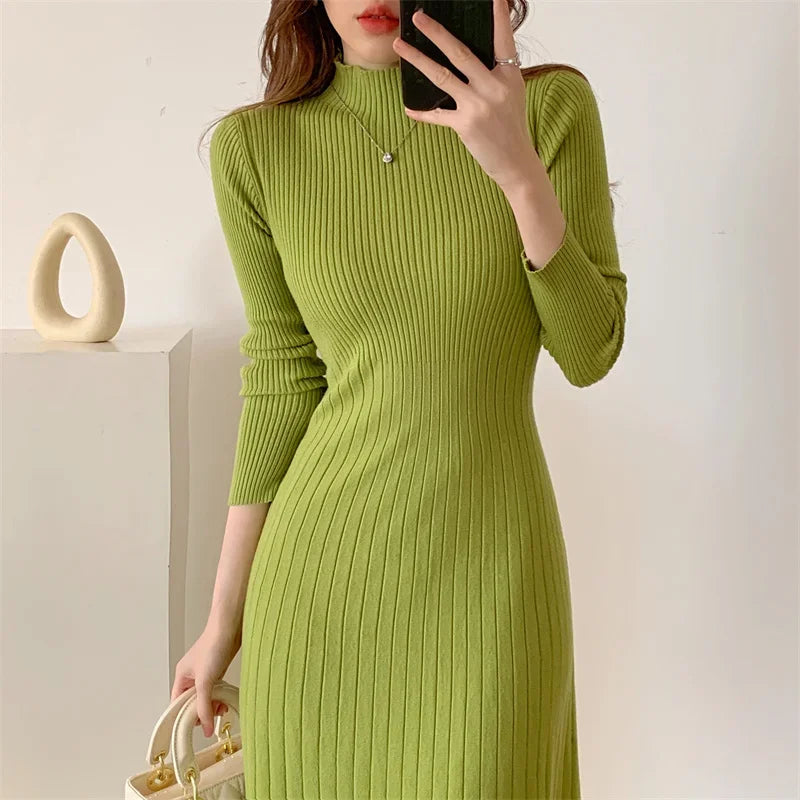 Herbst Winter 2023 Schlank Langarm Party Midi Kleid für Frauen Gestrickte Halb Hohen Kragen Elegante Gestrickte Pullover Kleider Damen.