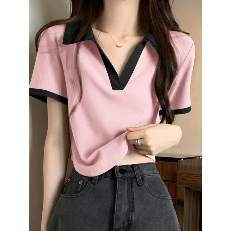 Slim Fit Short Sleeve V-Neck POLO Shirt T-Shirt Korean Design Summer Fashionable Top Half Sleeve Summer Wear Women's Fashion.