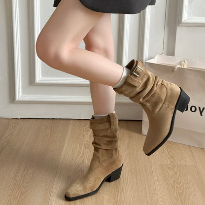 Autumn Winter Suede Pointed Toe Women Ankle Boots Fashion Slip On Thick Heel Shoes Ladies Elegant Slim Short Booties.