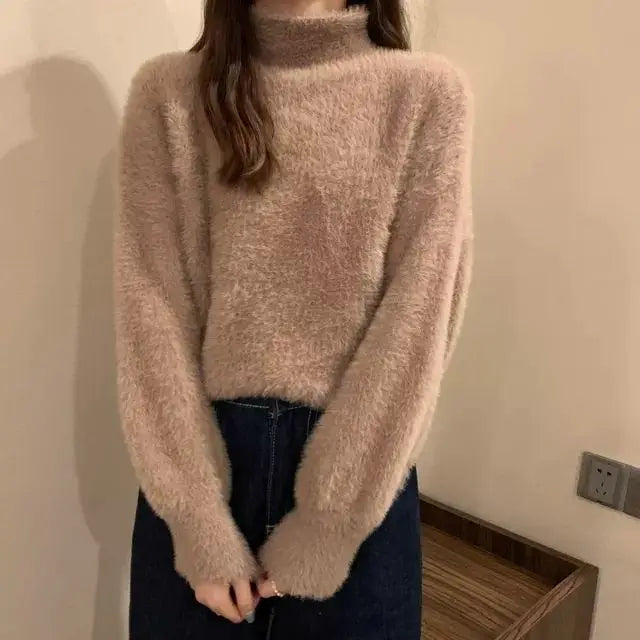 2025 frauen Gestrickte Tops Winter Imitieren Nerz Wolle Heißer Fleece Weibliche Rollkragen Elastische Beiläufige Pullover Weiche Warme Pullover.