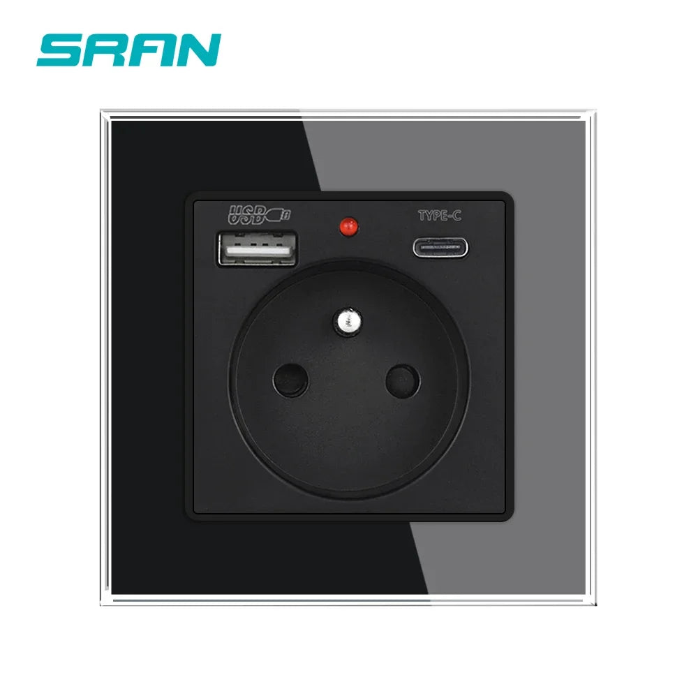 SRAN Französische USB-Wandsteckdose 5 V 2,1 A, Kristall-Hartglasscheibe 16 A 220 V 82 x 82 mm Steckdose Frankreich-Standard mit Abdeckung