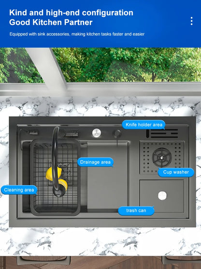 Stepped Stainless Steel Sink Kitchen with Cup Washer Multifunctional Large Single Slot Washbasin Dishwasher Sinks