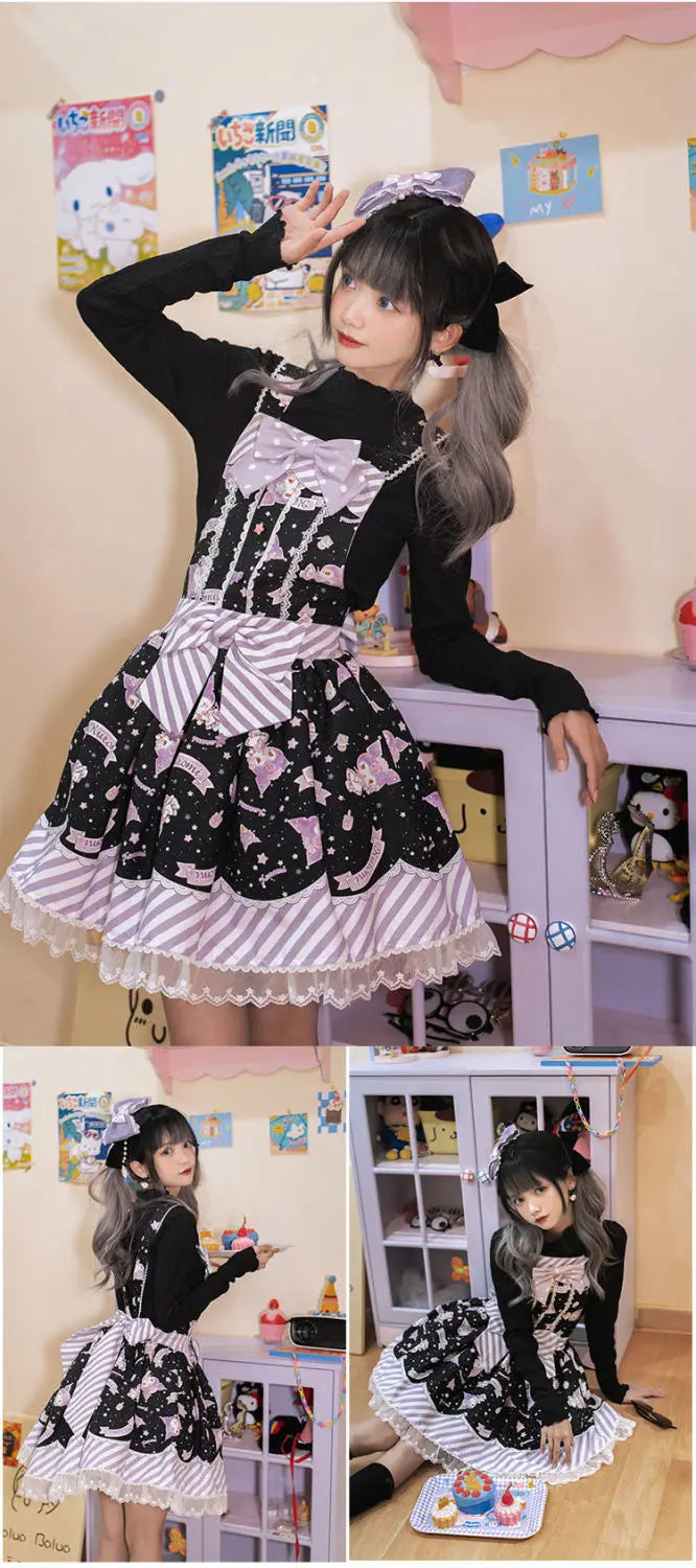 Anime My Melody Lolita Kleid Cinnamoroll Prinzessin Kleid Kuromi Süßer süßer Druck Schleife Spitze Party Trägerkleid Kawaii Academy Kleid.