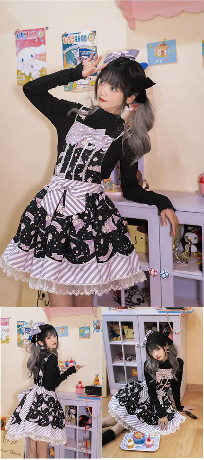 Anime My Melody Lolita Kleid Cinnamoroll Prinzessin Kleid Kuromi Süßer süßer Druck Schleife Spitze Party Trägerkleid Kawaii Academy Kleid.