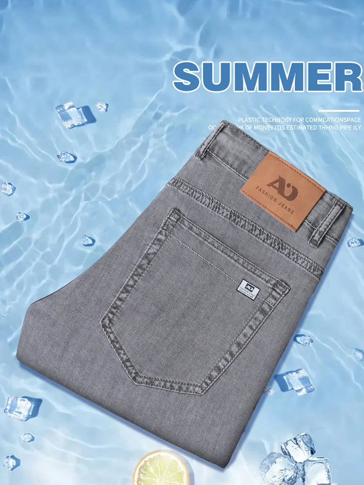 Summer Thin Men's Loose Straight Jeans Lyocell Soft Drape Business Casual Trousers Classic Smoke Gray Brand Ice Silk Pants.