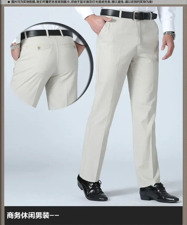 Smart Casual Pure Cotton Anti-Wrinkle High Waist Loose Baggy Straight Thicken Men Spring Autumn Solid Color Mid Casual Pants.